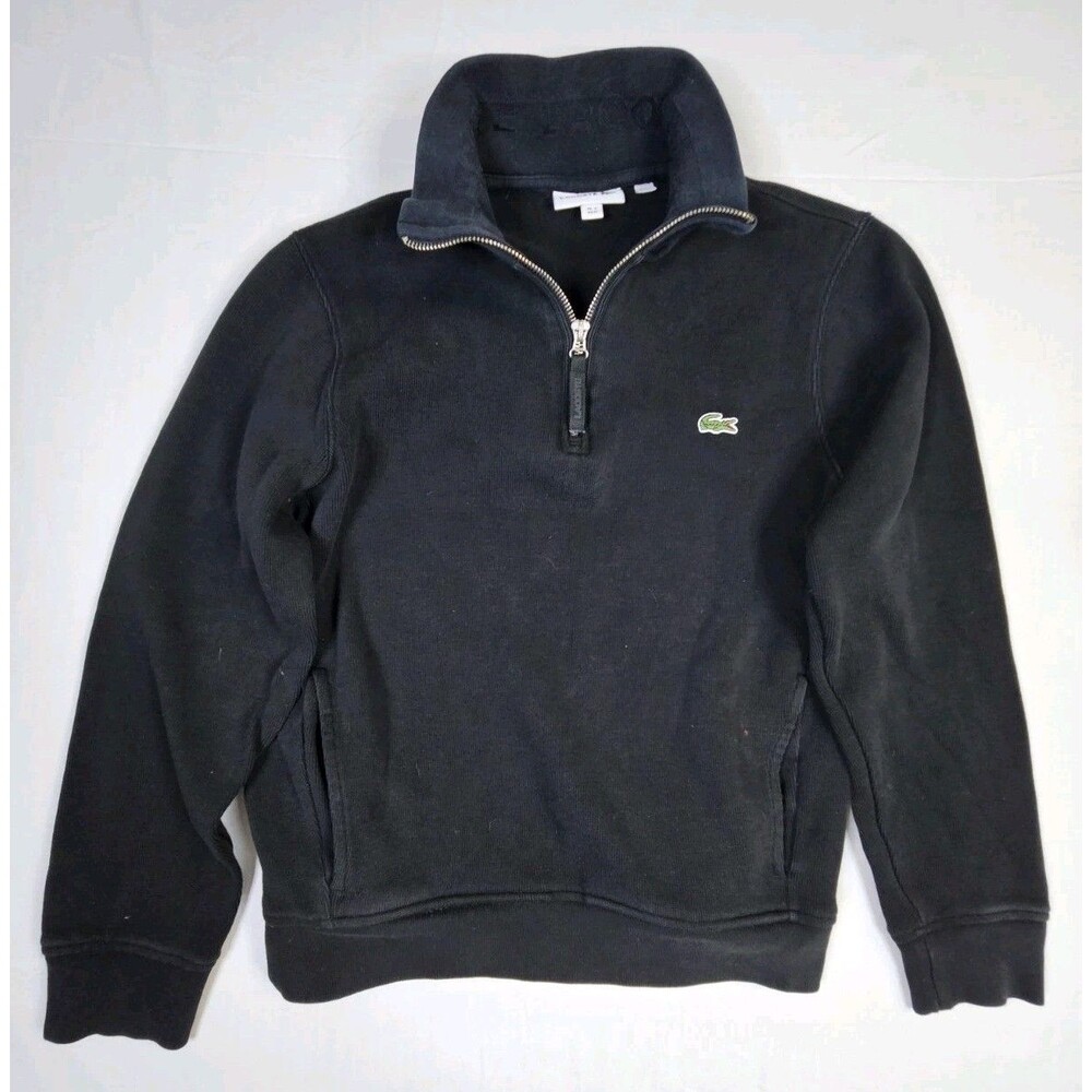 Lacoste Sweatshirt Men's Medium Black 1/4 Zip Pullover Mock Neck Ribbed Pockets